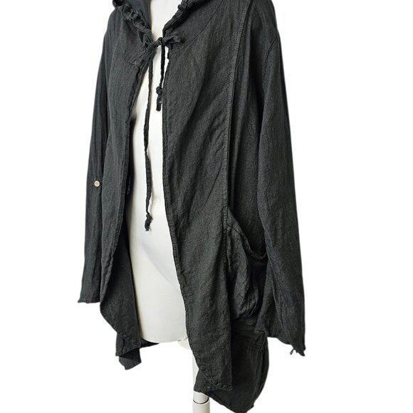Linen Luv Lagenlook 100% Linen Cardigan, Pockets, Hooded, Grey, Roll Sleeve, M - Picture 2 of 8